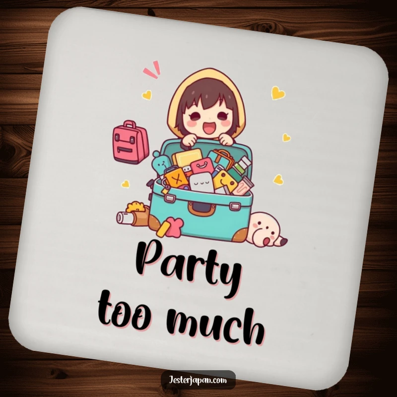 Funny Kawaii character packing drink coaster, with items spilling from a suitcase, perfect for travel humor.