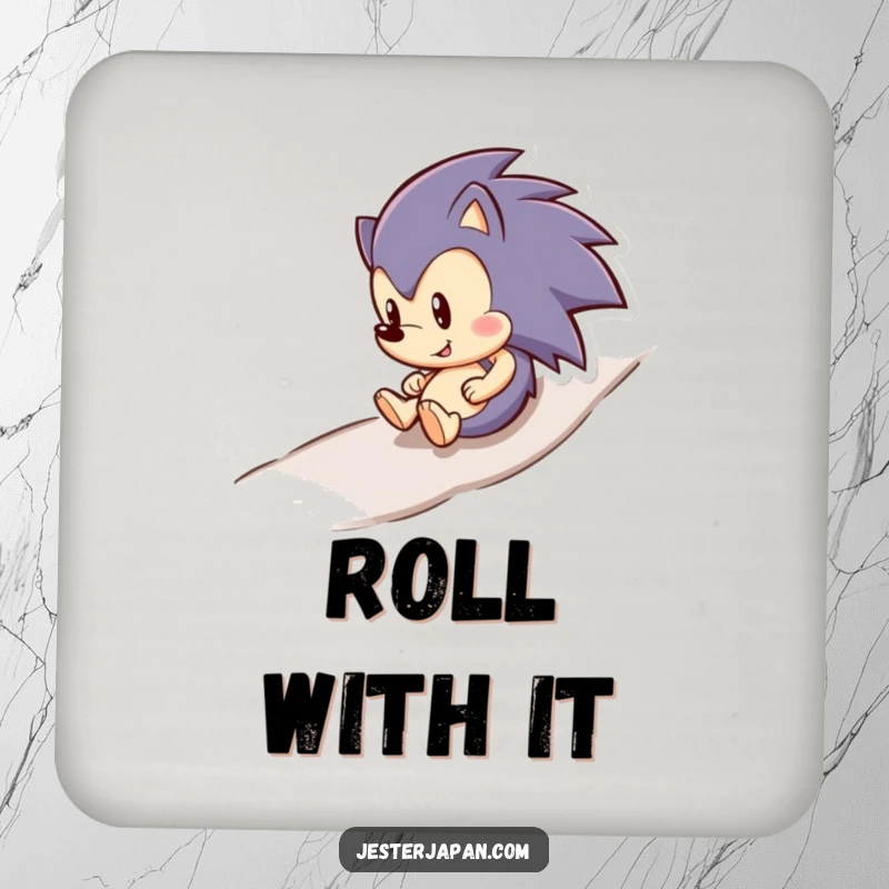 Set of funny hedgehogs rolling downhill on drink coasters, adding cute, protective humor to any surface.