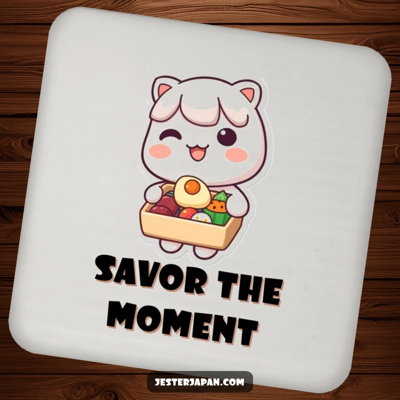 Funny Kawaii Bento Box Coaster Set: Cute character sharing food from a bento box, protecting tables with adorable charm, a perfect funny gift.