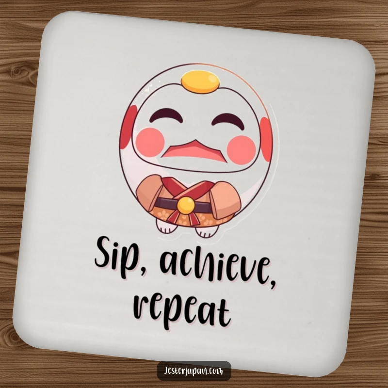 Funny Daruma Kimono Coaster featuring a resolute Daruma doll in a small kimono, offering reliable protection for surfaces.