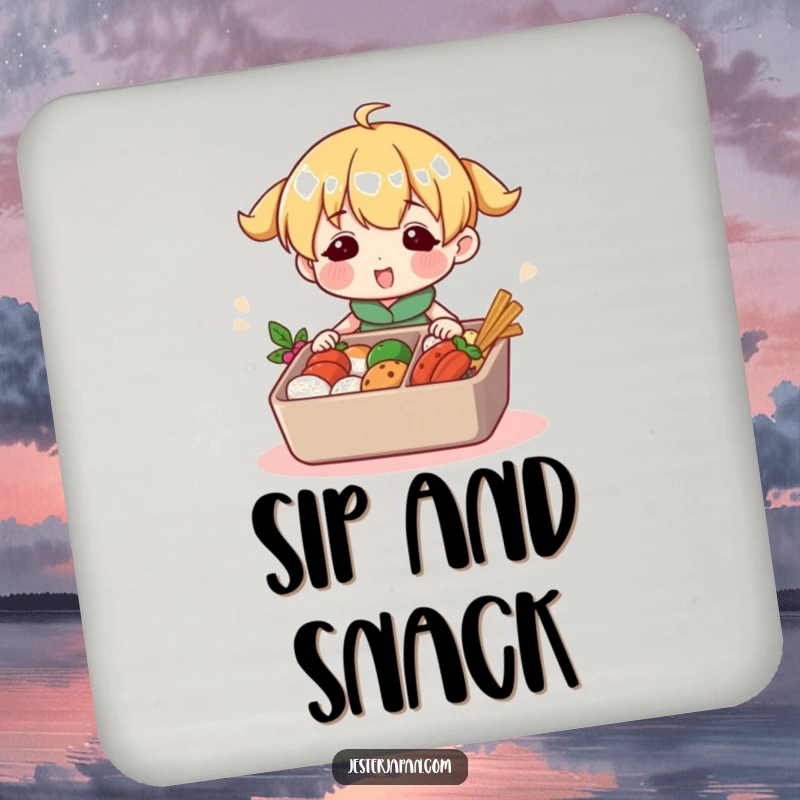 Funny drink coaster showing a happy character busily packing a colorful bento box. Protects furniture with a fun, culinary-themed design.