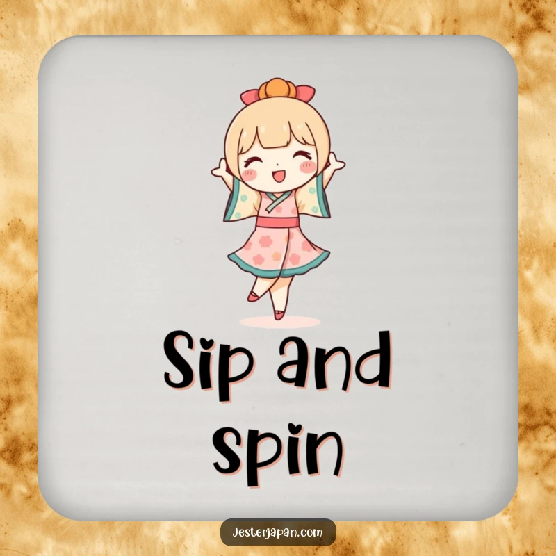 Funny Kokeshi Doll Coasters: Set protecting surfaces with a cute Kokeshi doll character performing a joyful pirouette, adding charm.