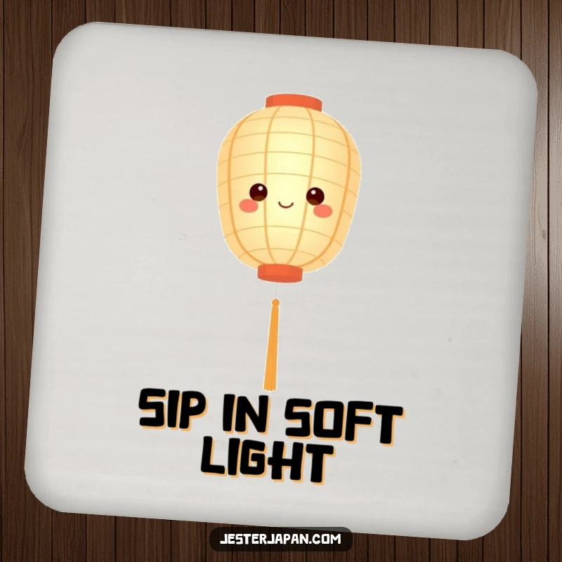 Funny drink coaster depicting a cute paper lantern character floating serenely with a soft glow, protecting surfaces with humor.