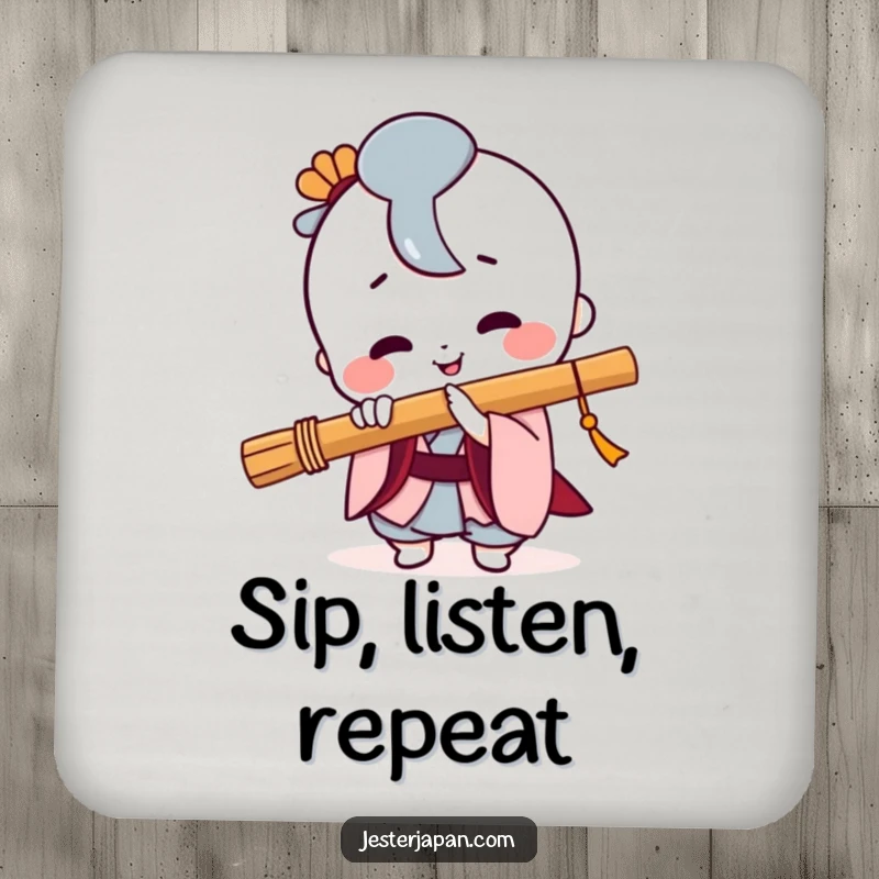 Funny Kawaii coaster with a smiling character playing a Japanese flute, adding a musical touch to any surface.