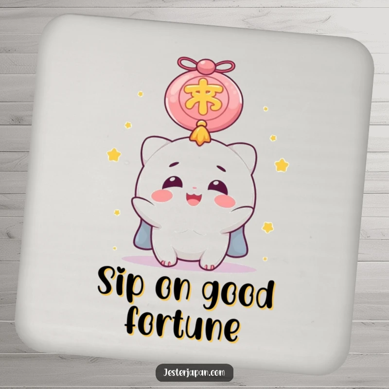 Funny Coaster with a delighted character looking up at a huge lucky charm, a practical and humorous addition to any coffee table or bar.