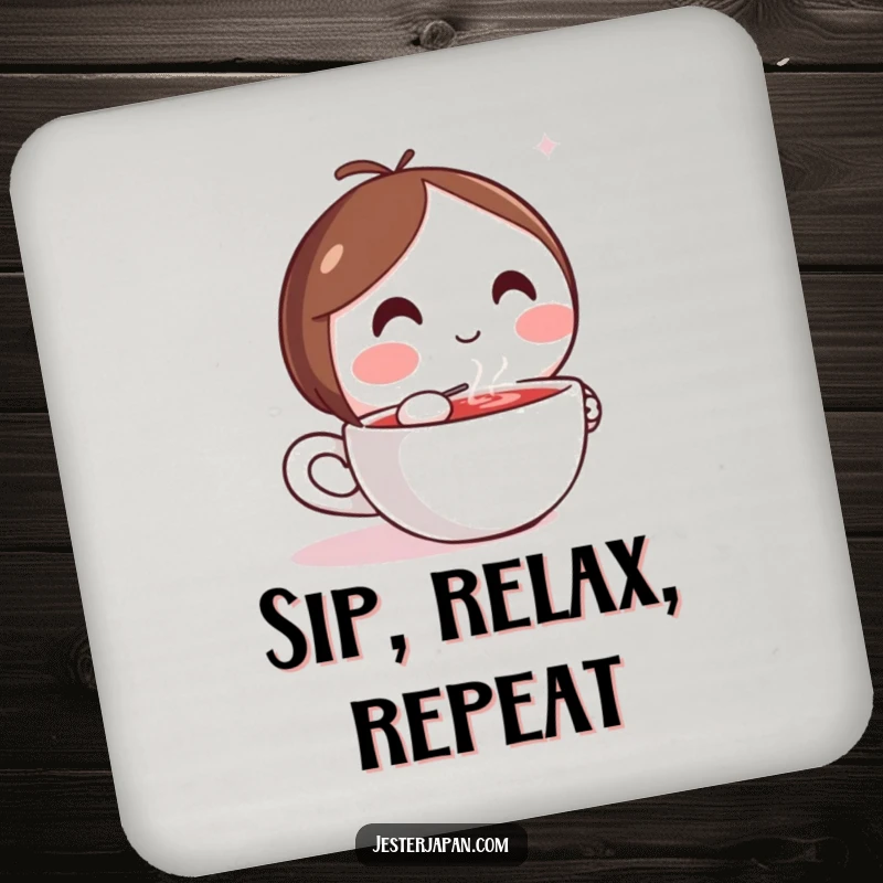 Funny drink coaster featuring a Kawaii character happily sipping a hot drink, protecting surfaces.