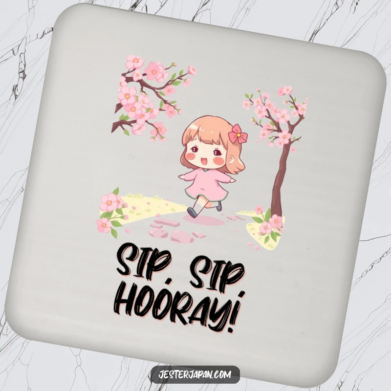 Funny coaster featuring a character with rosy cheeks skipping along a cherry blossom path, adding a touch of spring joy.