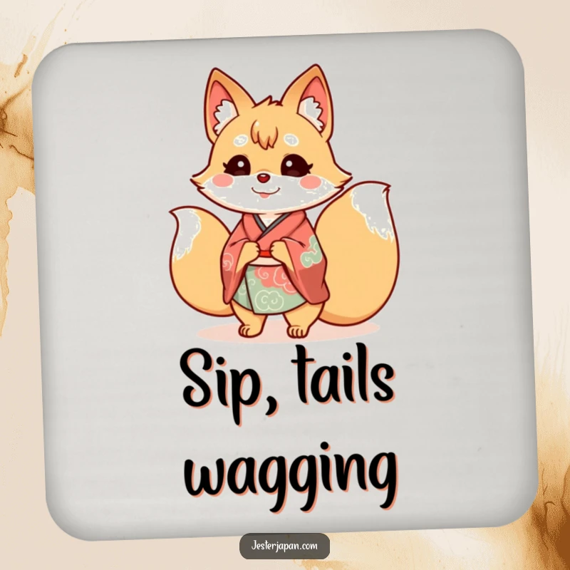Funny Kitsune Kimono Coaster featuring a cheerful nine-tailed fox in a kimono, protecting tables with a touch of Japanese magic.