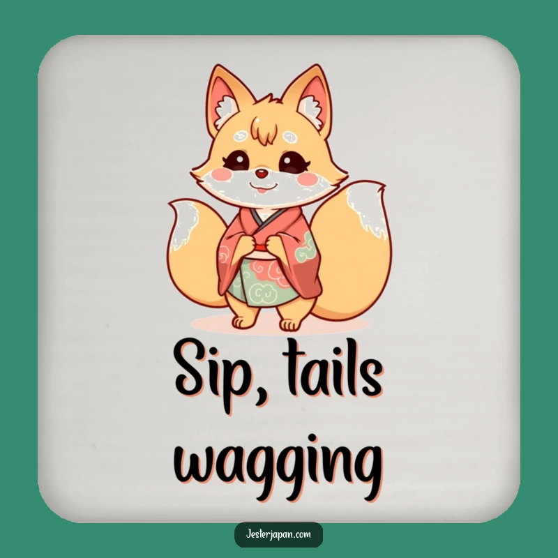 Funny Kitsune Kimono Coaster Set: Cheerful Fox Protection, Unique Japanese Gift