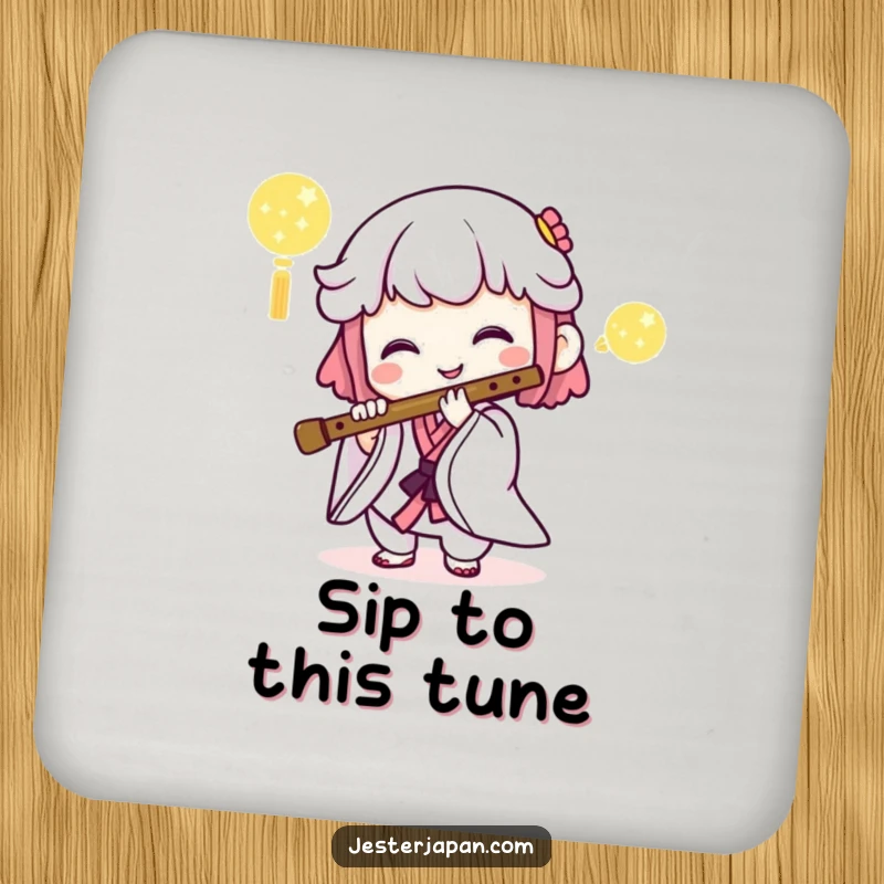 Funny drink coaster featuring a Kawaii character playing a Japanese flute, protecting surfaces with musical flair.