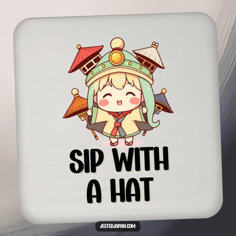 Funny drink coaster featuring a Kawaii character trying on traditional hats, protecting surfaces with style.