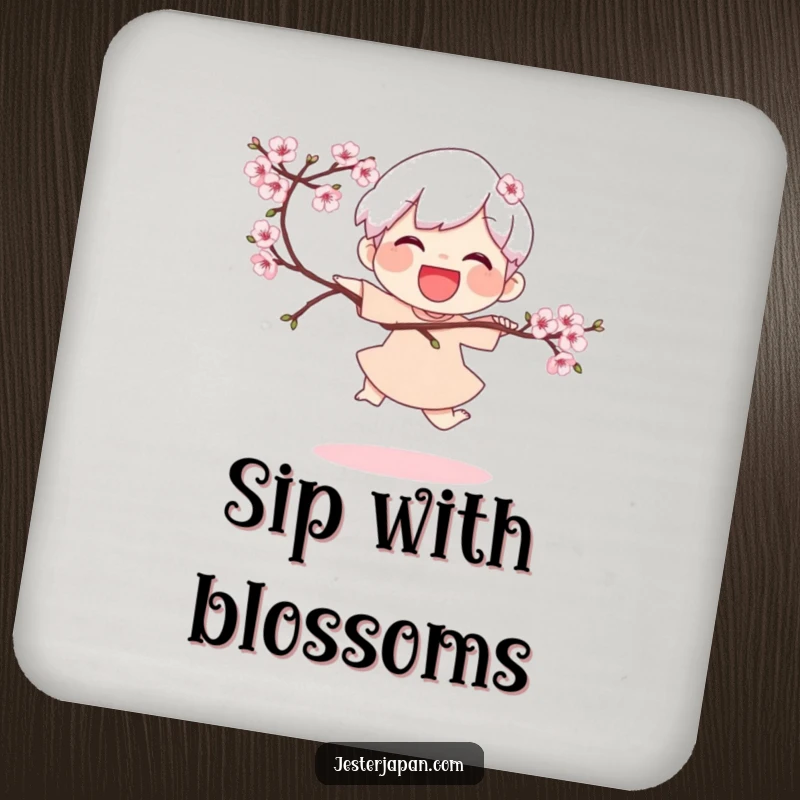 Funny Coaster: Joyful character doing a playful hop while holding a blooming cherry branch, protecting surfaces with charm.