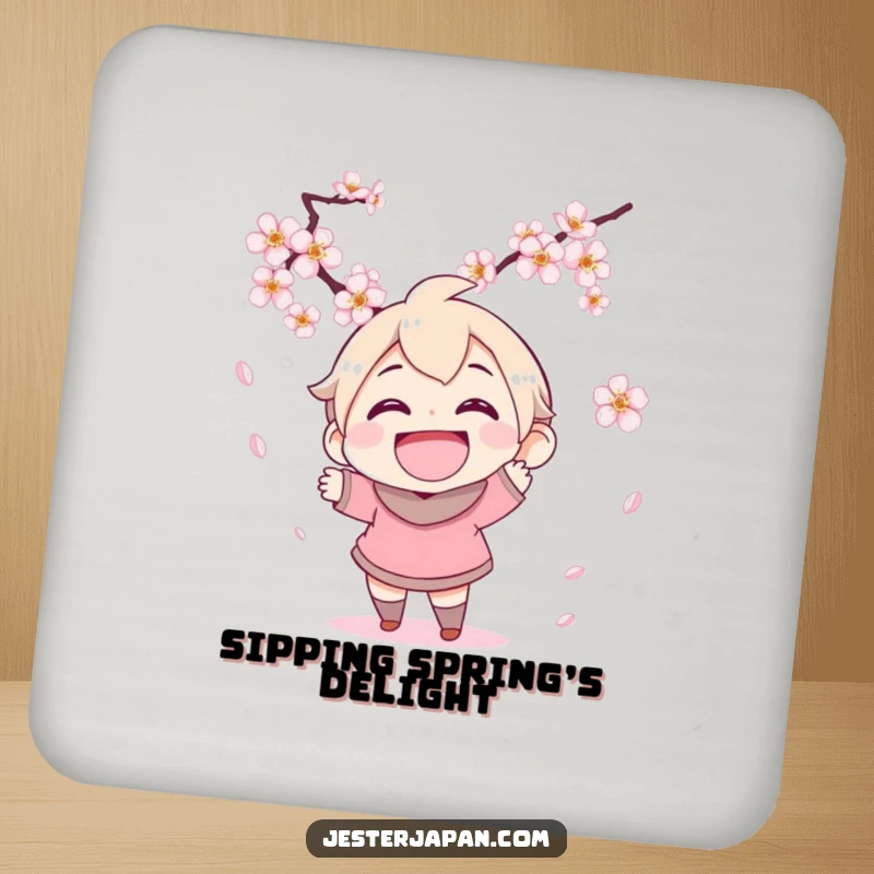 Funny drink coasters featuring a character with a wide grin attempting to catch falling cherry blossoms, adding joyful spring decor.