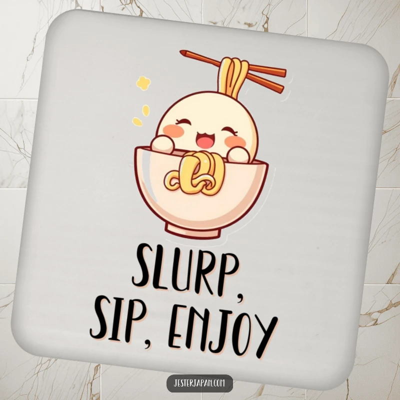 Funny Kawaii coasters featuring a small, round character joyfully slurping noodles, protecting surfaces with humorous and adorable food-themed charm.