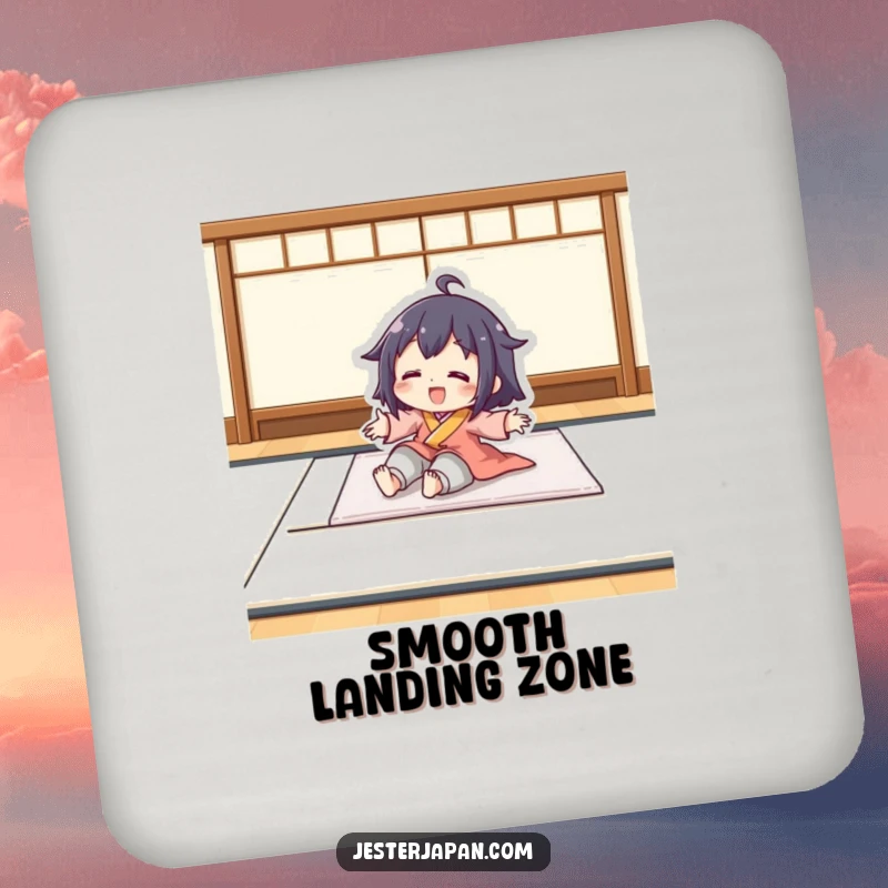 Funny drink coaster showing a character playfully sliding on a smooth tatami mat. Protects furniture with a fun, relaxed-themed design.