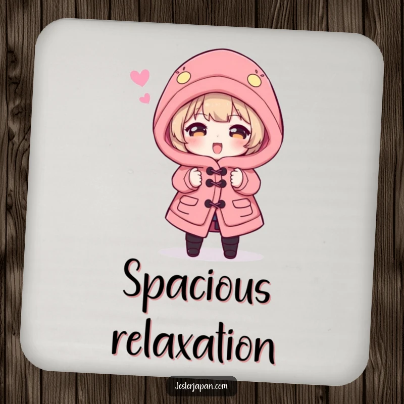 Funny Coaster: Character hilariously attempting to wear a dramatically oversized Happi coat, protecting surfaces with comic flair.