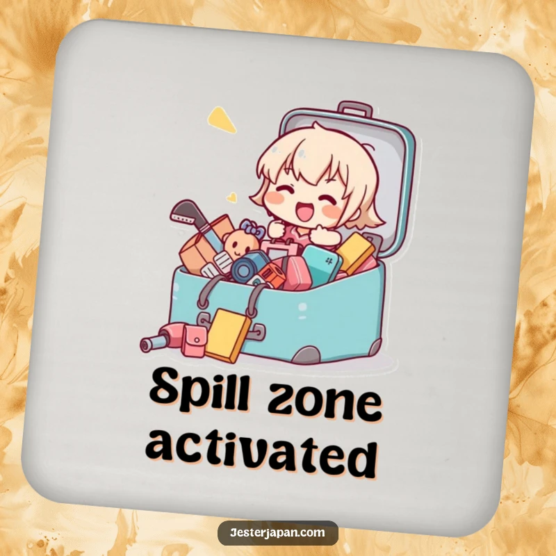 Funny drink coaster featuring a Kawaii character humorously packing a suitcase, protecting surfaces with style.