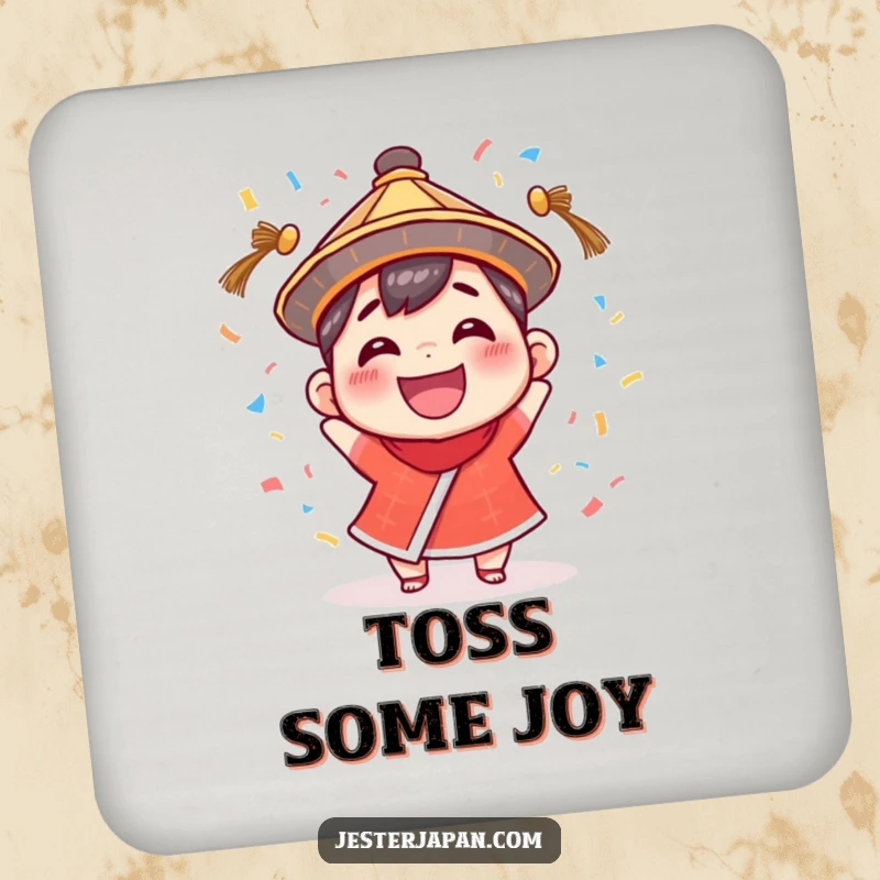 Funny Coaster: Tiny character with a huge grin, wearing a traditional hat, excitedly throwing confetti.