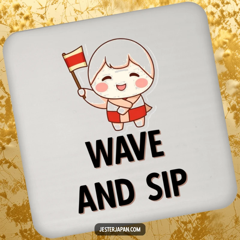 Funny coasters featuring a smiling Kokeshi doll character waving a flag, protecting furniture while adding a cheerful and celebratory artistic touch.