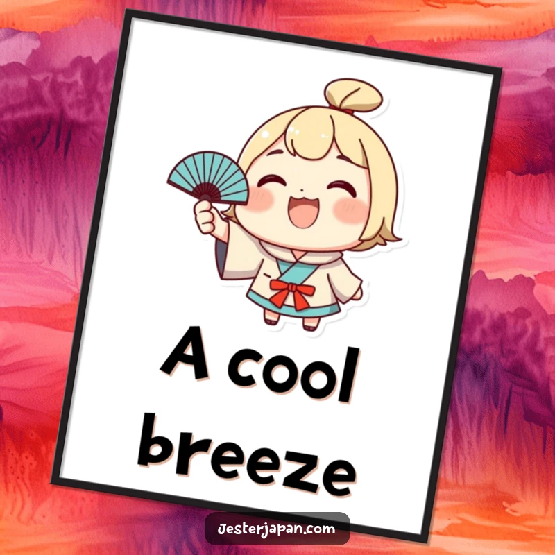 Funny Kawaii Poster: Character grinning and waving a Japanese fan, inspiring happiness and cheer on walls. Great funny gift.