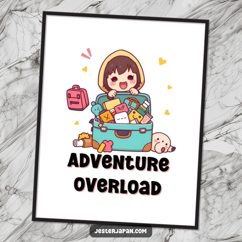 Funny Kawaii character packing poster, showing items spilling from a suitcase, perfect for travel-themed humor.