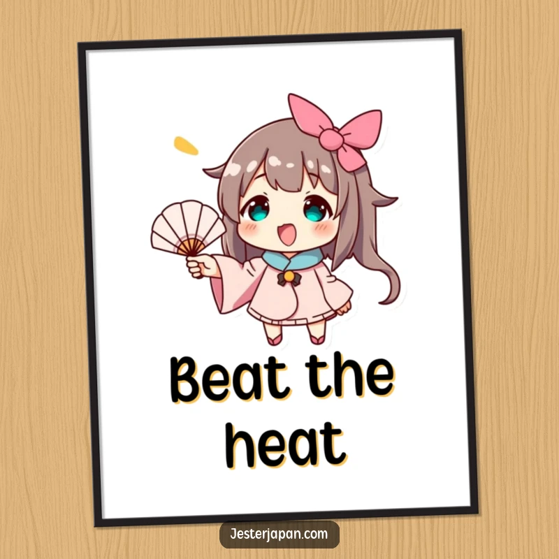 Funny poster art of a character happily waving a small hand fan, bringing a refreshing and humorous visual to your decor.