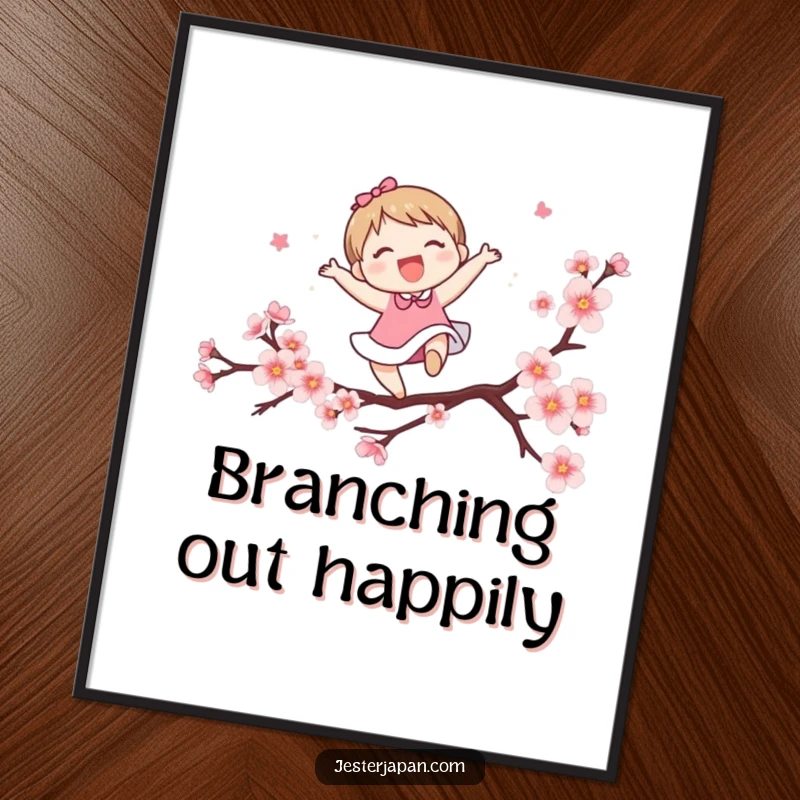 Funny poster illustrating a cute character joyfully leaping over a stylized cherry blossom branch. Adds vibrant spring energy and whimsical charm to walls.