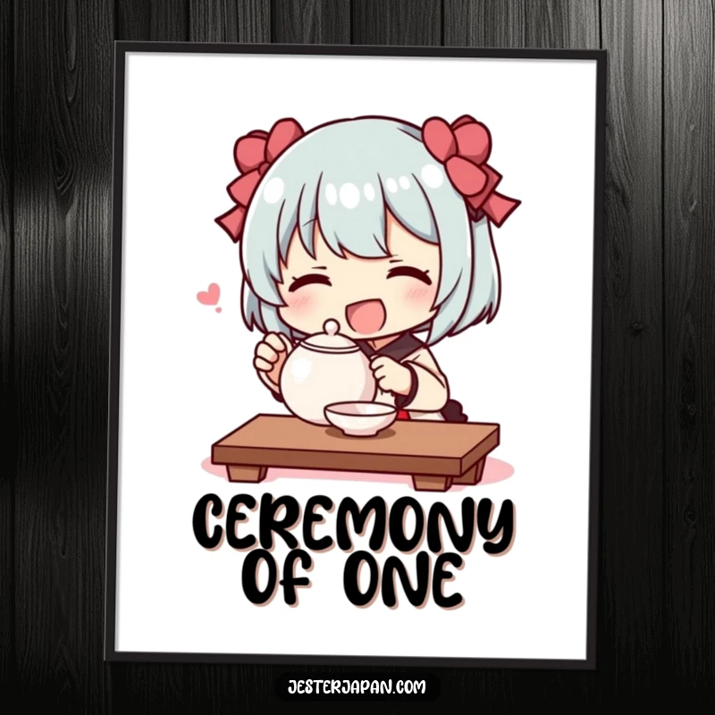 Funny poster artwork of a character joyfully conducting a miniature tea ceremony with a tiny teapot, creating a scene of serene humor.