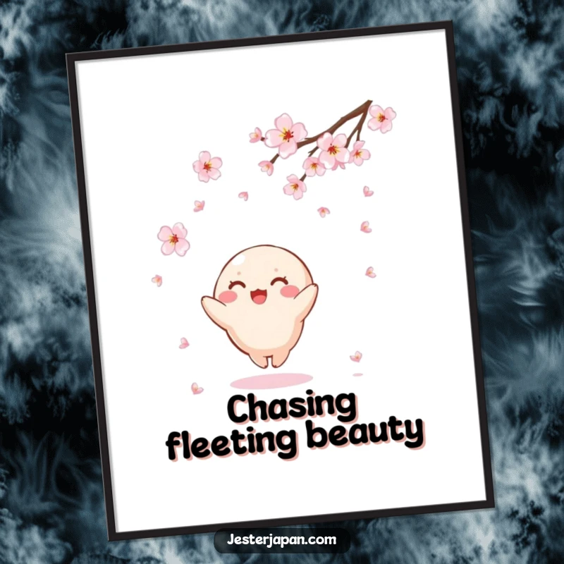 Funny Kawaii poster of a small, round character joyfully catching falling cherry blossoms, depicting serene beauty and seasonal charm.