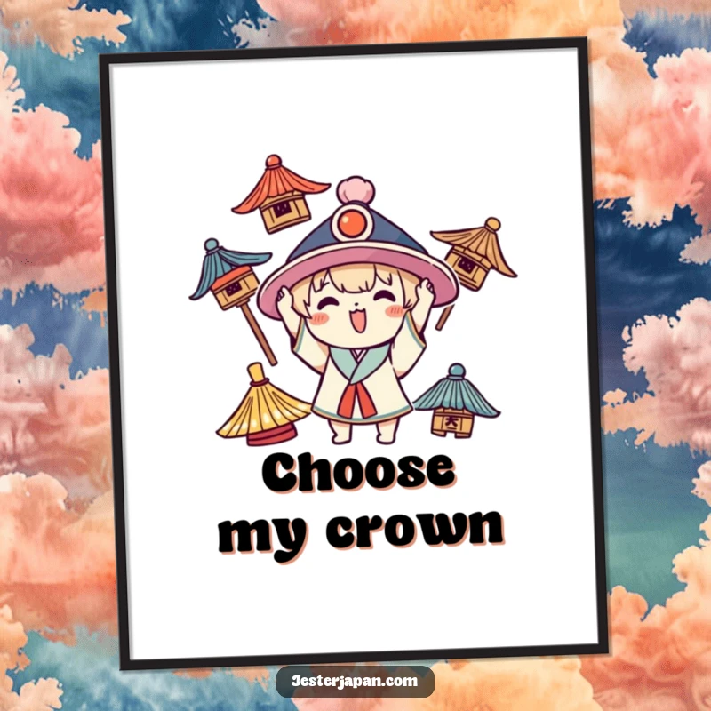 Funny Kawaii poster of a character joyfully trying on various traditional hats, showcasing endless fashion possibilities.