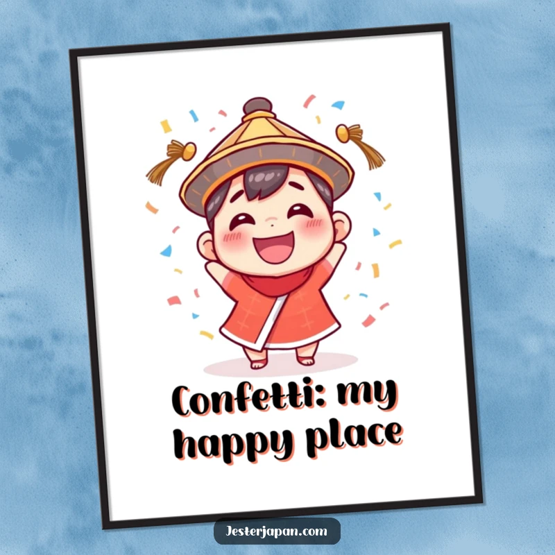 Funny Poster: Small character in a festive hat, mid-celebration, throwing a joyous shower of confetti.
