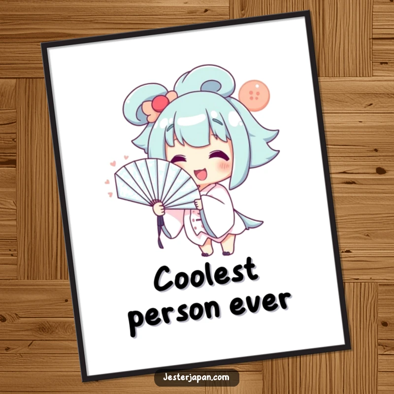 Funny Poster: Smiling character fanning themselves dramatically with a large fan, creating a humorous and relatable scene.