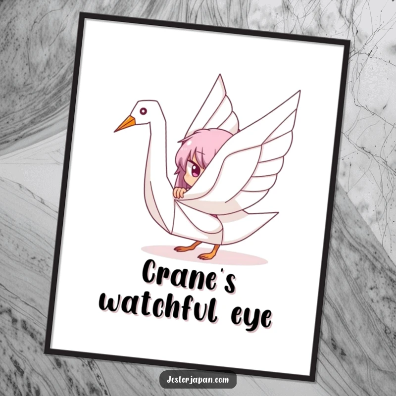 Funny poster featuring a character playfully peeking from behind a large, stylized origami crane, creating a visually engaging and artistic composition.