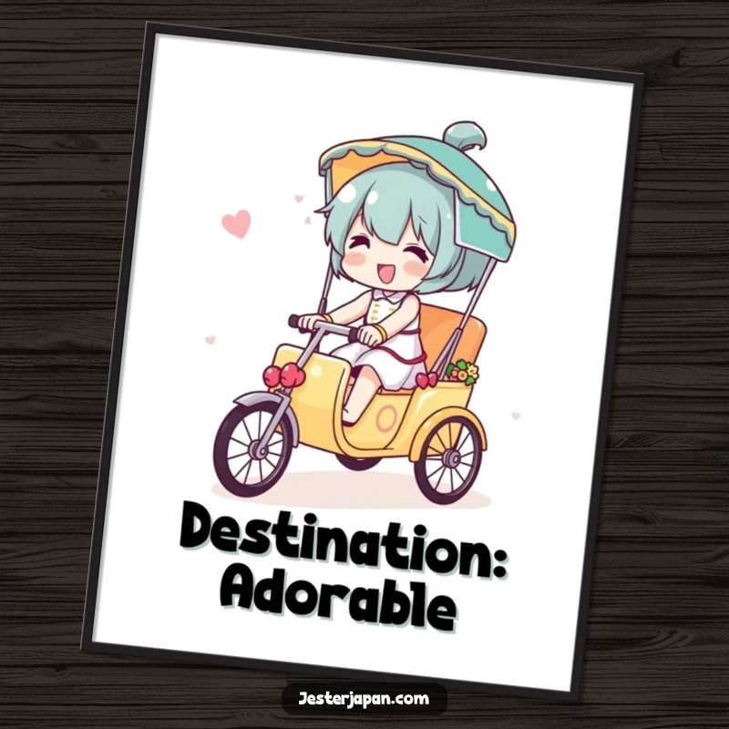 Funny poster of a character joyfully riding a miniature, decorated rickshaw, perfect for adding whimsical travel art.