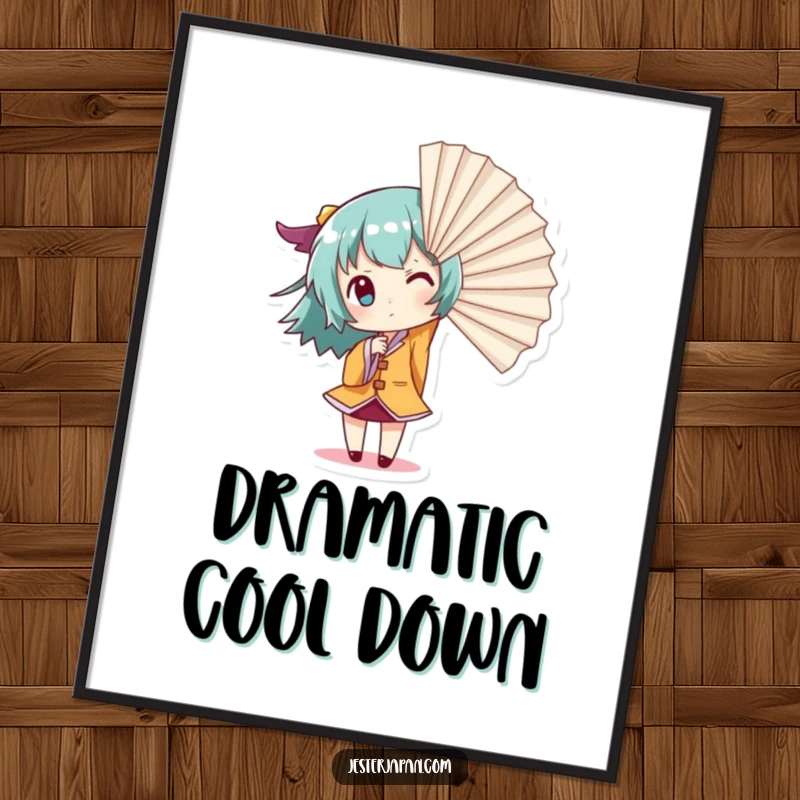 Funny Giant Fan Poster: Dramatic art of a small character using a giant fan to create a powerful gust of wind, making a bold statement.