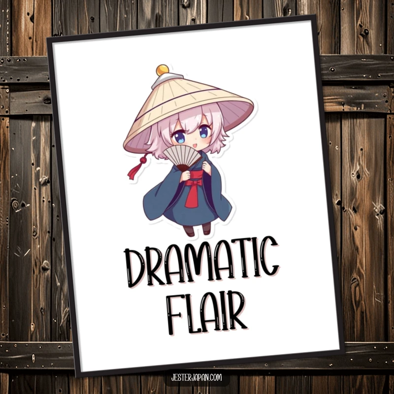 Funny poster of a character in a traditional hat, dramatically posing with a fan, adding theatrical humor to walls.