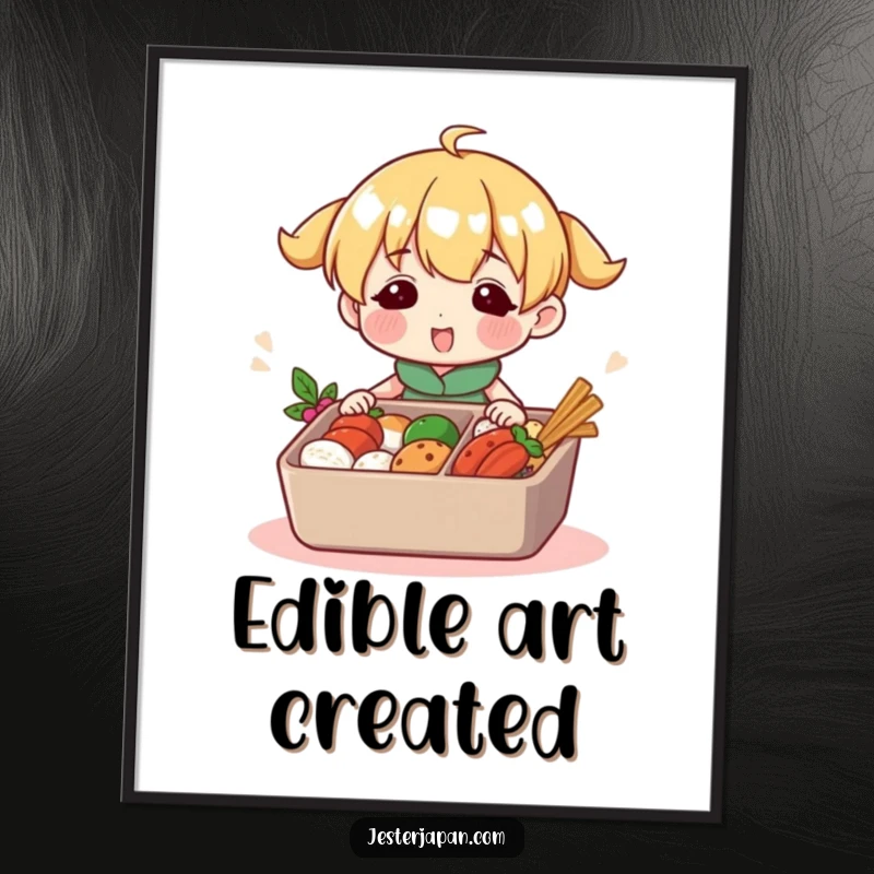 Funny poster illustrating a happy character meticulously packing a colorful bento box full of delicious items. Celebrates the joy of food.