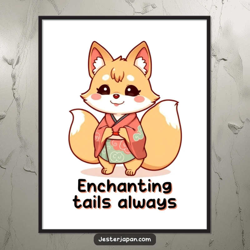 Funny Kitsune Kimono Poster showcasing a vibrant, cheerful nine-tailed fox wearing an ornate kimono, its multiple tails creating a mesmerizing effect.
