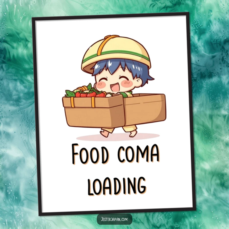 Funny poster capturing a character comically struggling with an oversized bento box, adding a touch of humorous culinary art to any space.