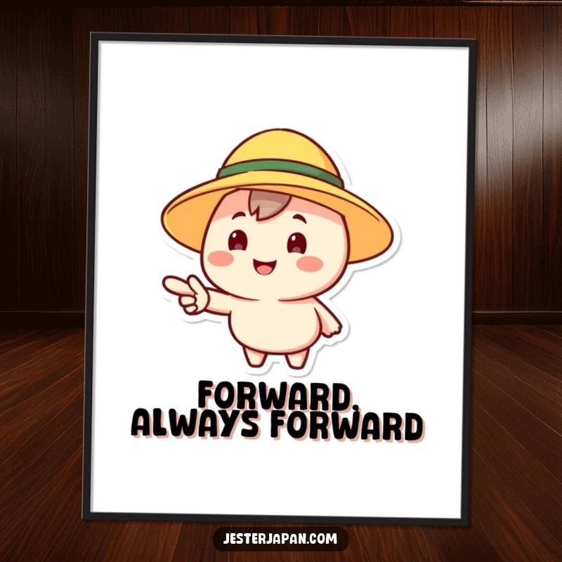 Funny poster of a cheerful character in a sun hat, pointing forward with a bright expression, conveying optimism and direction.