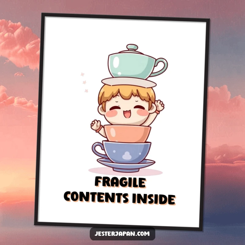 Funny poster featuring a character comically attempting to balance an absurdly tall stack of teacups, emphasizing humorous effort and potential spills.