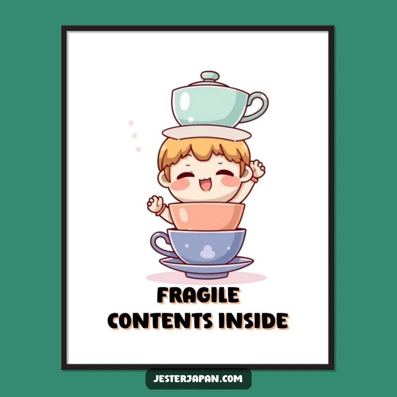 Funny Tea Cup Balancing Art Print - Humorous Wall Decor Gift Idea