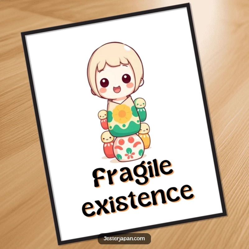 Funny kokeshi doll balancing poster, showcasing a happy character stacking colorful dolls, ideal wall art and funny gift.