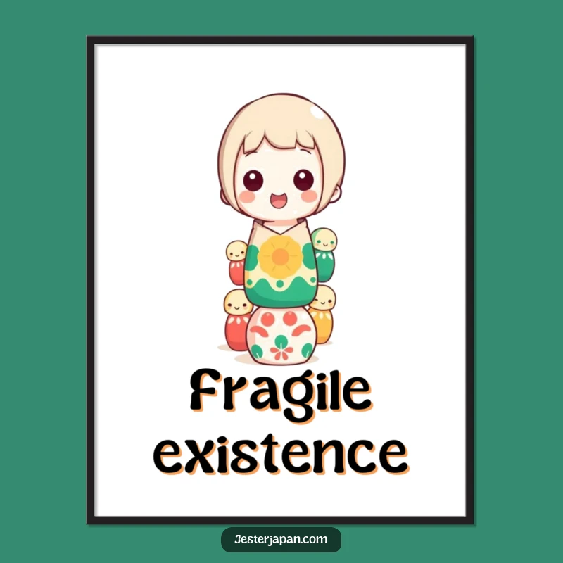 Funny Kokeshi Doll Balancing Poster: Hilarious Art for Your Wall