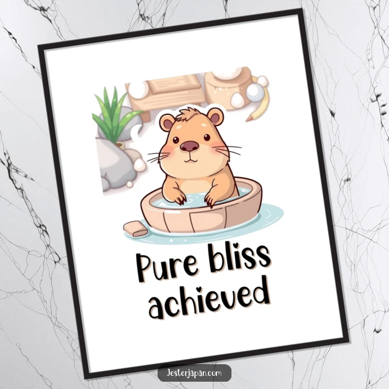 Funny poster depicting a capybara blissfully bathing in a hot spring, embodying tranquility and gentle humor.