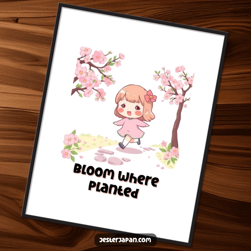 Funny poster of a character with rosy cheeks skipping along a cherry blossom path, evoking peace and joy.