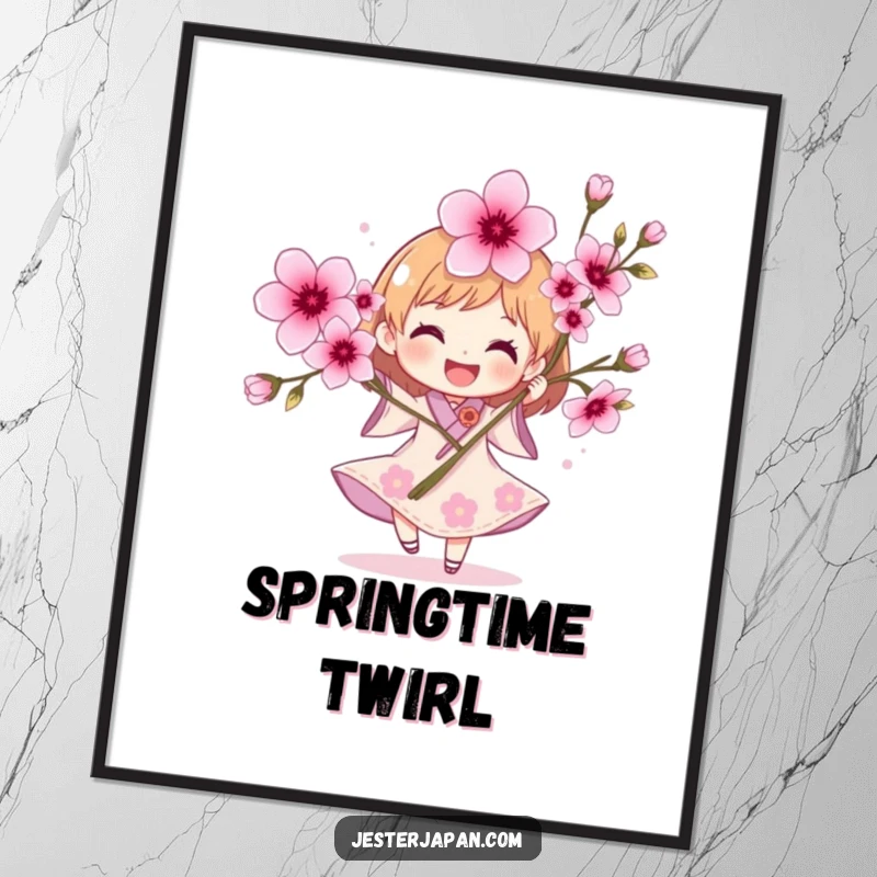 Funny Character Poster: A joyful character in a spinning motion, holding a lush bouquet of cherry blossoms, celebrating spring.