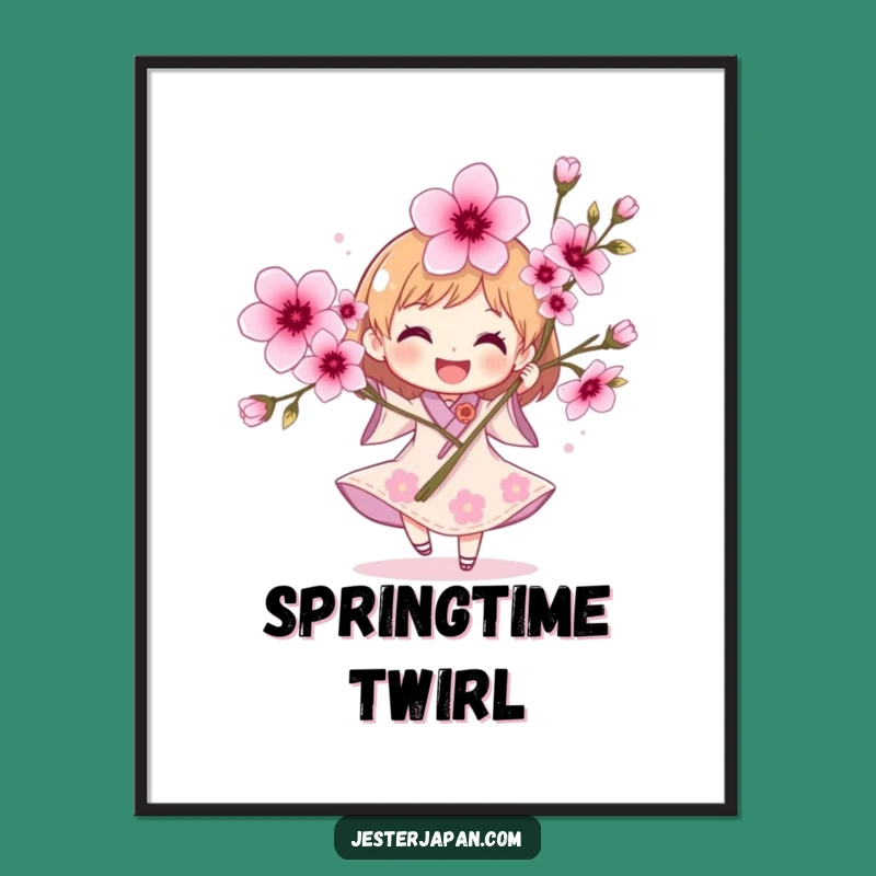 Funny Cherry Blossom Poster: Joyful Spinning Character Spring Art Gift