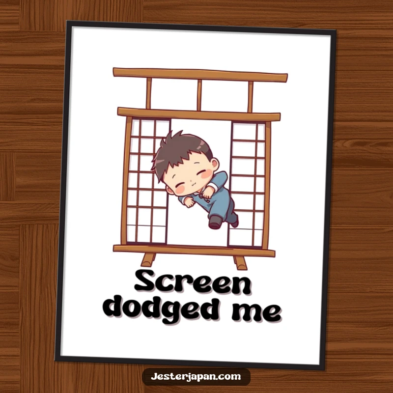 Funny poster artwork of a chibified character hilariously tripping over a Japanese Shoji screen, creating a comical and endearing scene.