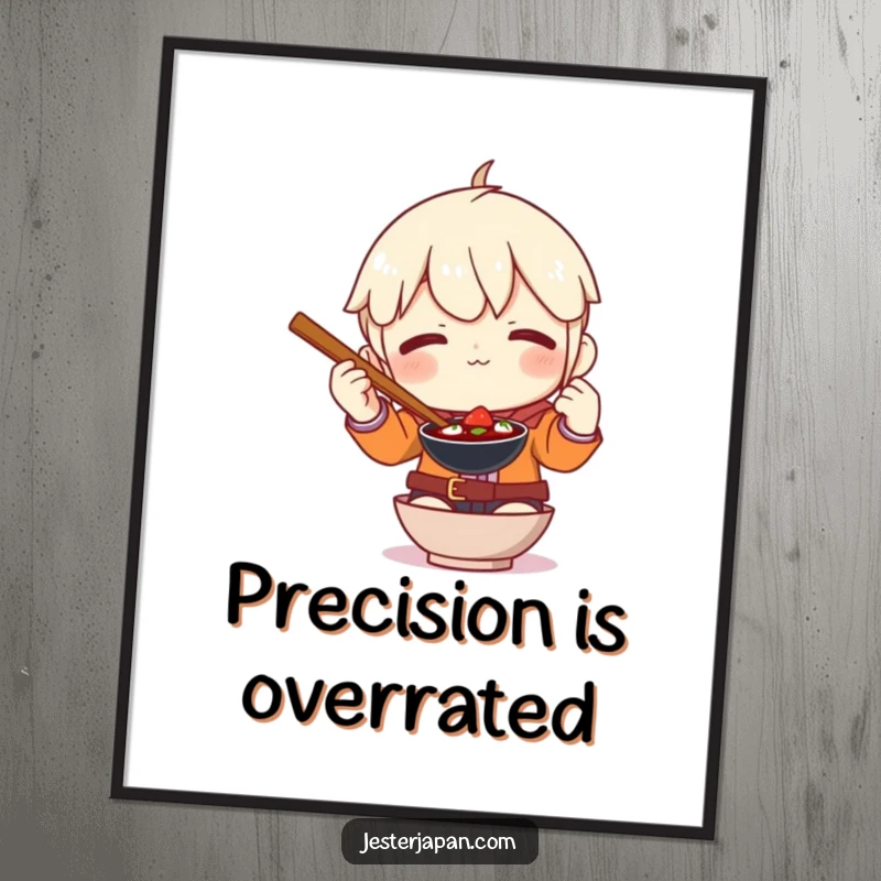 Funny poster showing a character in a comical pose attempting to wield oversized chopsticks, ideal for kitchen decor.